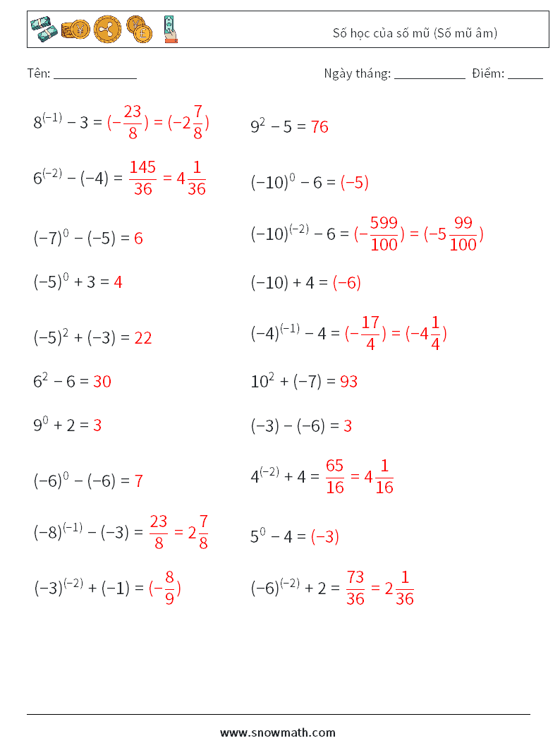  Số học của số mũ (Số mũ âm) Bảng tính toán học 5 Câu hỏi, câu trả lời
