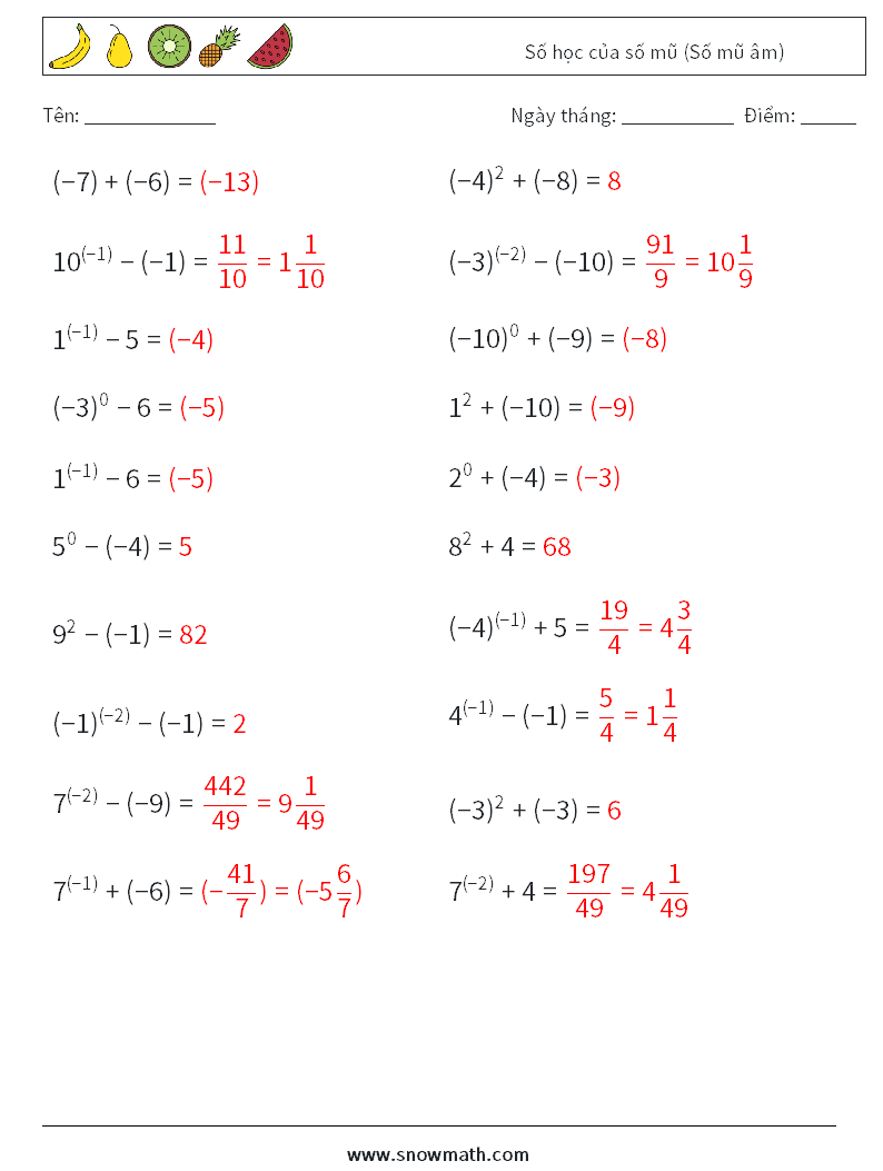  Số học của số mũ (Số mũ âm) Bảng tính toán học 6 Câu hỏi, câu trả lời