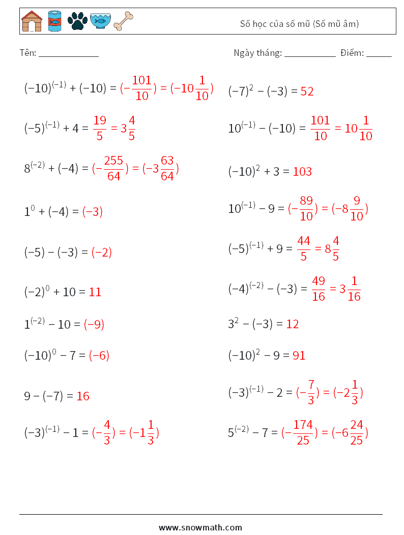  Số học của số mũ (Số mũ âm) Bảng tính toán học 8 Câu hỏi, câu trả lời