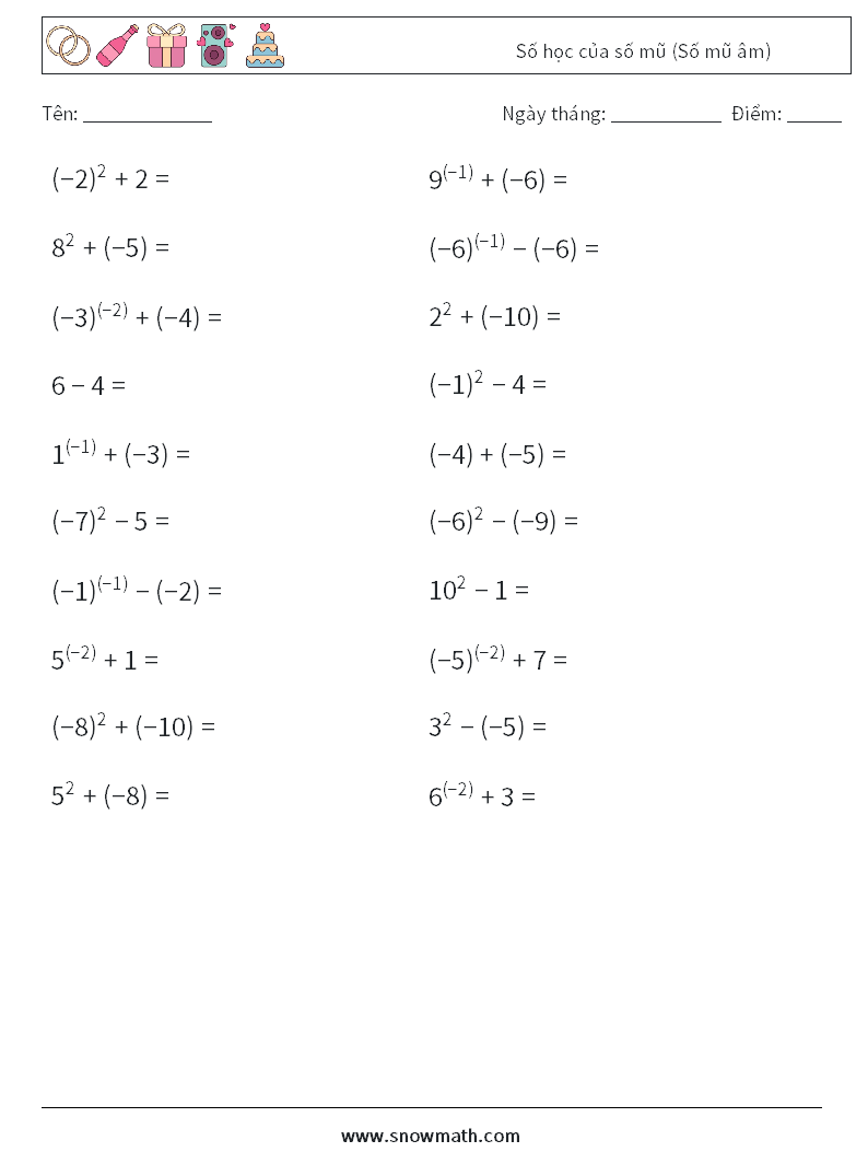  Số học của số mũ (Số mũ âm) Bảng tính toán học 9