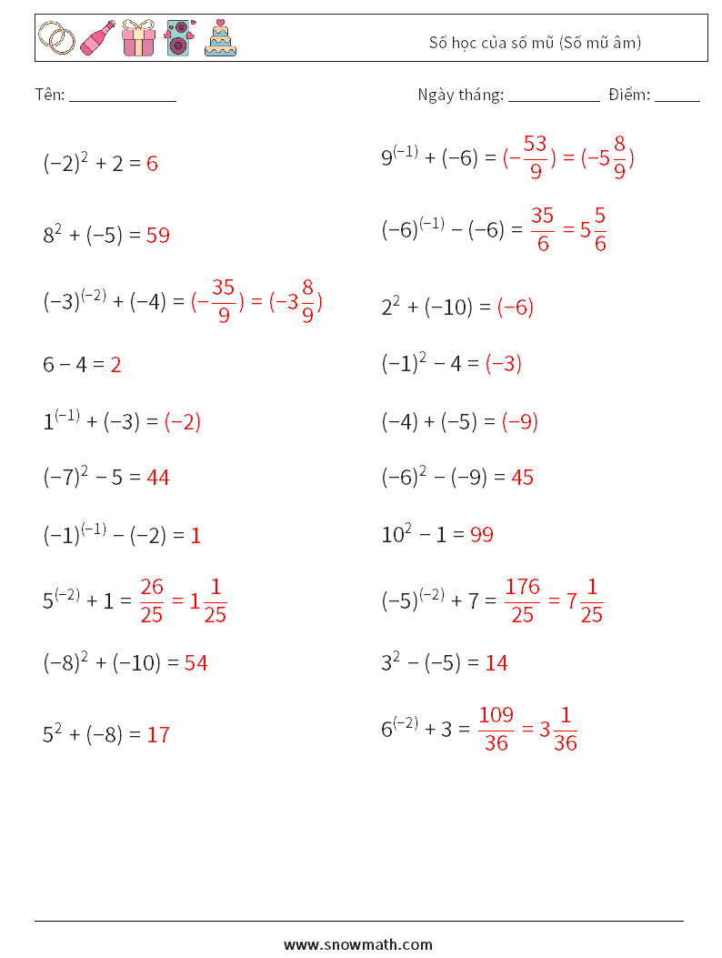  Số học của số mũ (Số mũ âm) Bảng tính toán học 9 Câu hỏi, câu trả lời