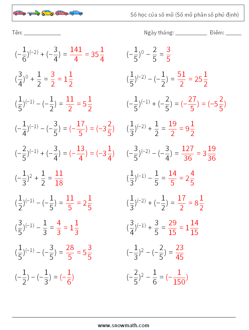  Số học của số mũ (Số mũ phân số phủ định) Bảng tính toán học 5 Câu hỏi, câu trả lời