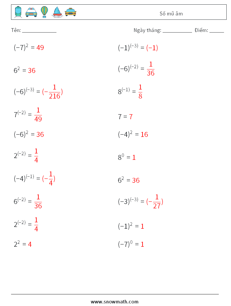  Số mũ âm Bảng tính toán học 2 Câu hỏi, câu trả lời