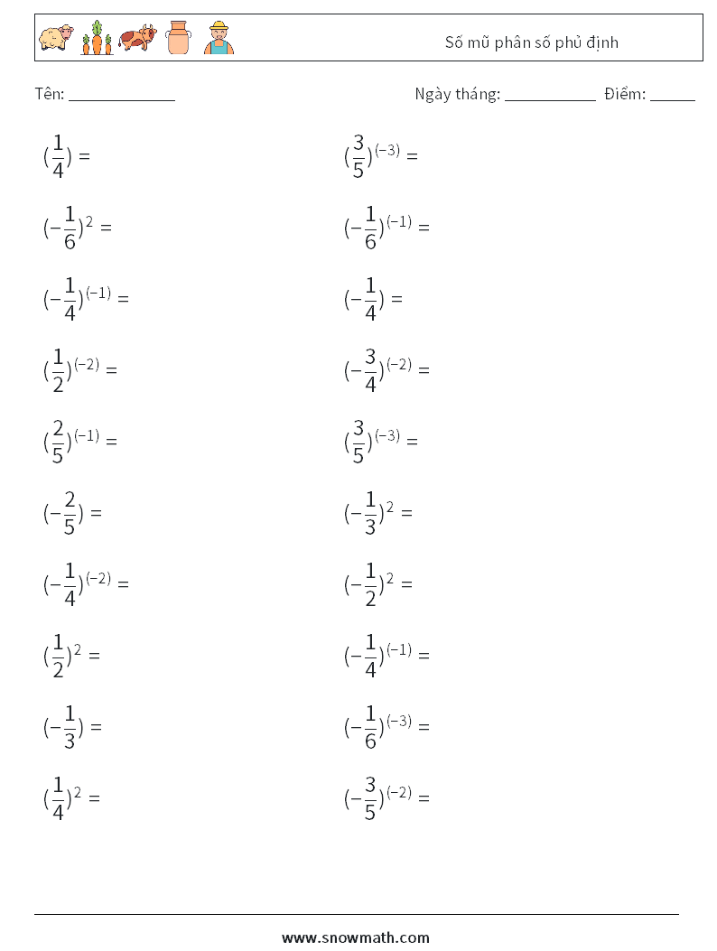 Số mũ phân số phủ định Bảng tính toán học 1