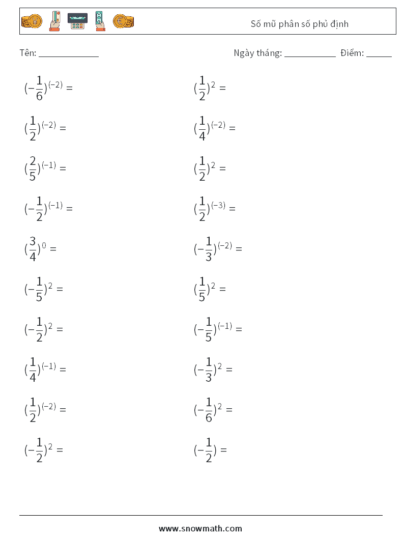 Số mũ phân số phủ định Bảng tính toán học 2