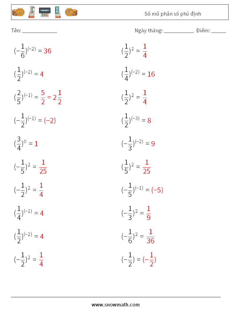Số mũ phân số phủ định Bảng tính toán học 2 Câu hỏi, câu trả lời