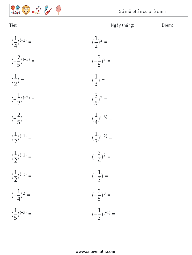 Số mũ phân số phủ định Bảng tính toán học 3