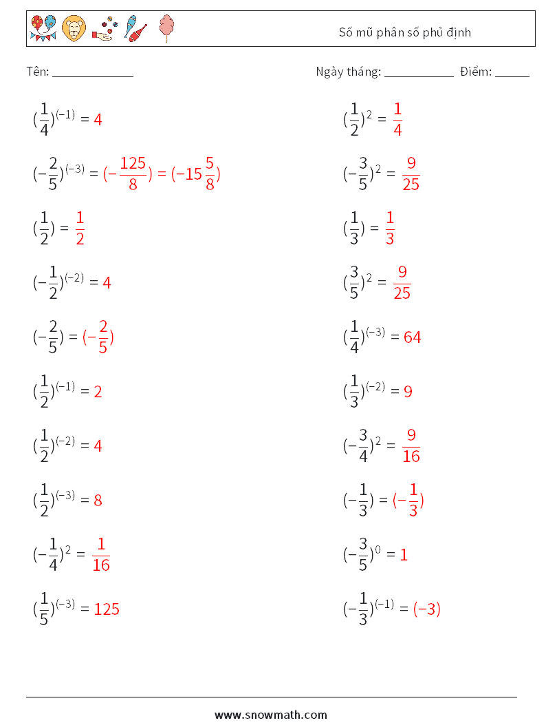 Số mũ phân số phủ định Bảng tính toán học 3 Câu hỏi, câu trả lời