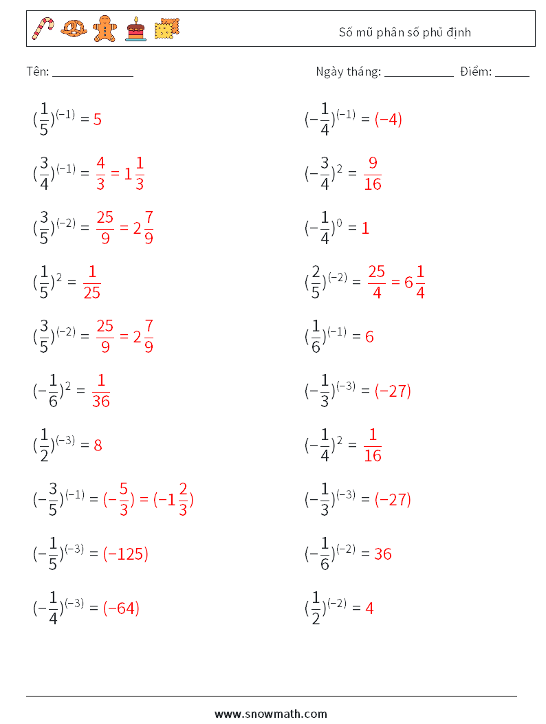 Số mũ phân số phủ định Bảng tính toán học 4 Câu hỏi, câu trả lời