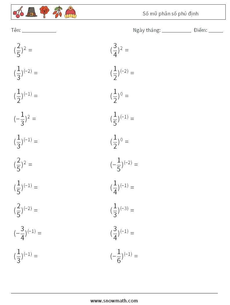 Số mũ phân số phủ định Bảng tính toán học 5