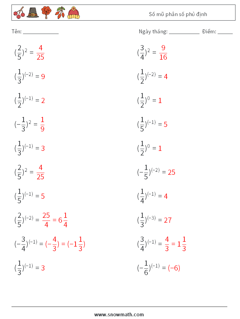 Số mũ phân số phủ định Bảng tính toán học 5 Câu hỏi, câu trả lời