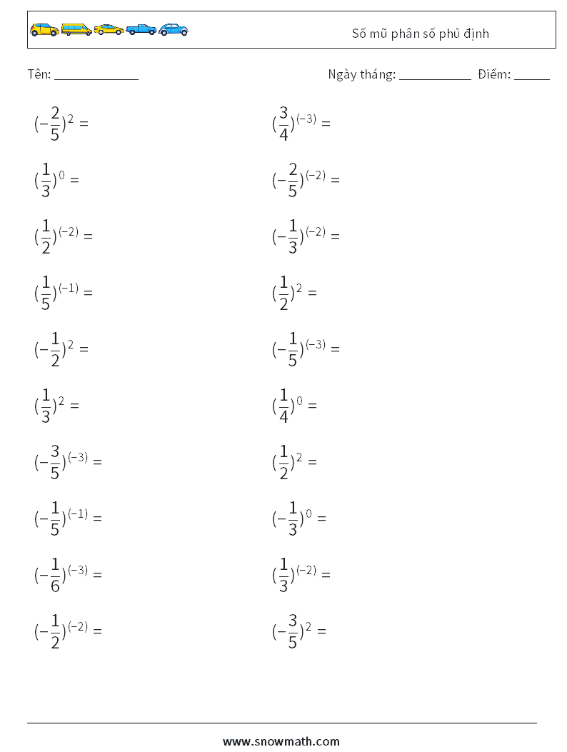 Số mũ phân số phủ định Bảng tính toán học 6