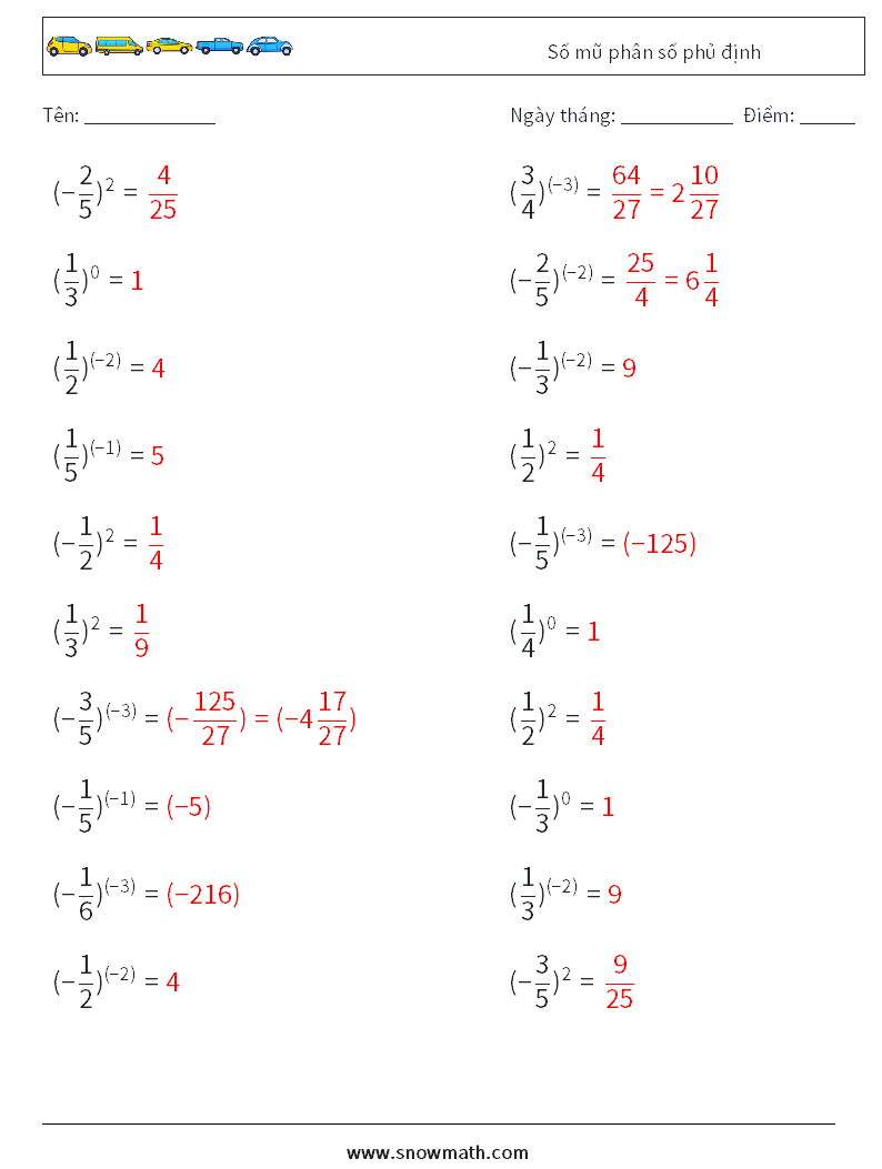 Số mũ phân số phủ định Bảng tính toán học 6 Câu hỏi, câu trả lời