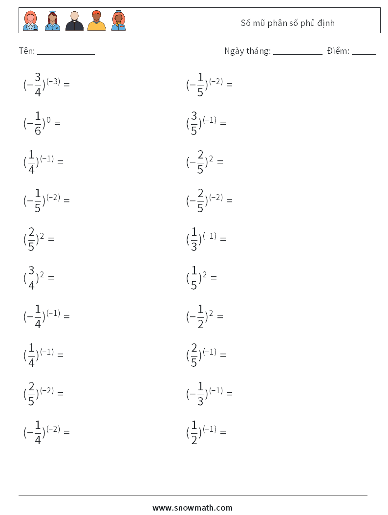 Số mũ phân số phủ định Bảng tính toán học 7