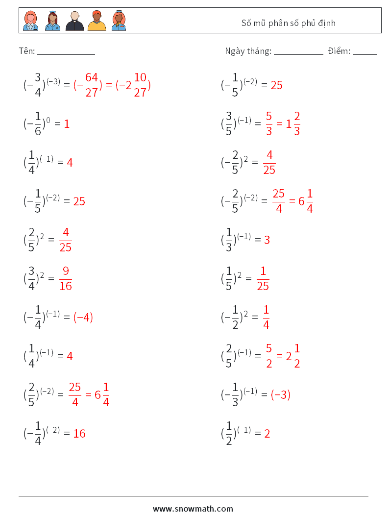 Số mũ phân số phủ định Bảng tính toán học 7 Câu hỏi, câu trả lời