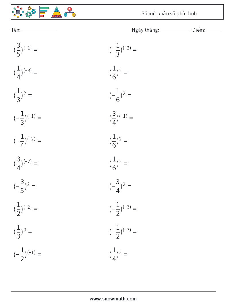 Số mũ phân số phủ định Bảng tính toán học 8