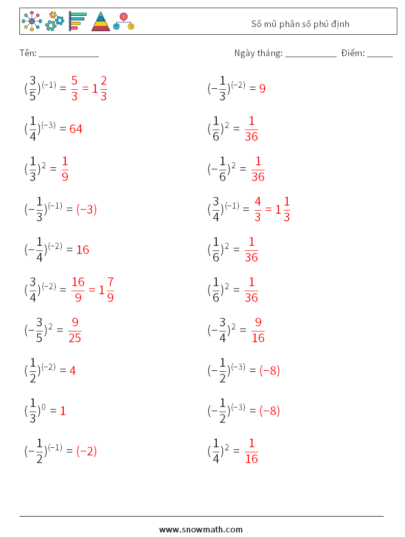 Số mũ phân số phủ định Bảng tính toán học 8 Câu hỏi, câu trả lời