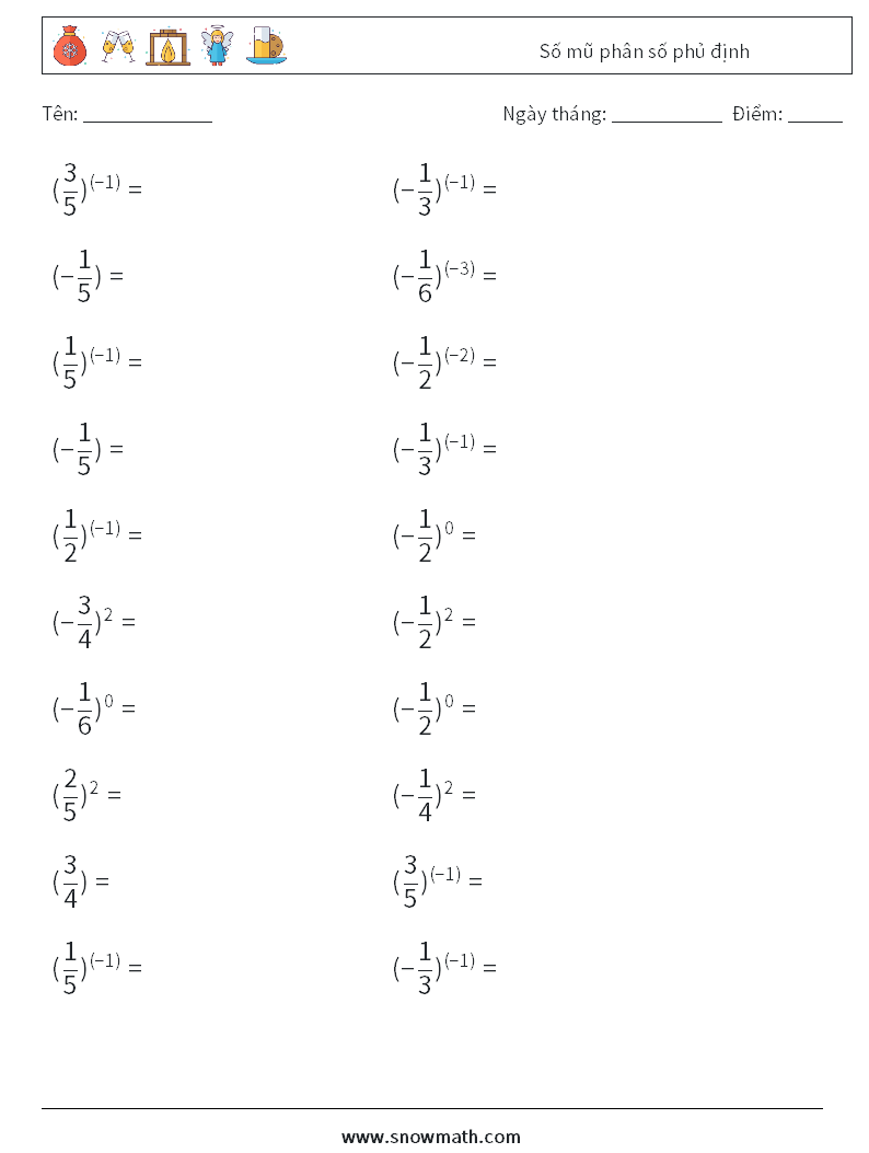 Số mũ phân số phủ định Bảng tính toán học 9