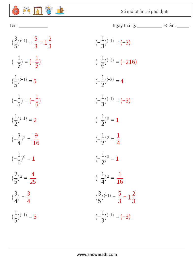 Số mũ phân số phủ định Bảng tính toán học 9 Câu hỏi, câu trả lời