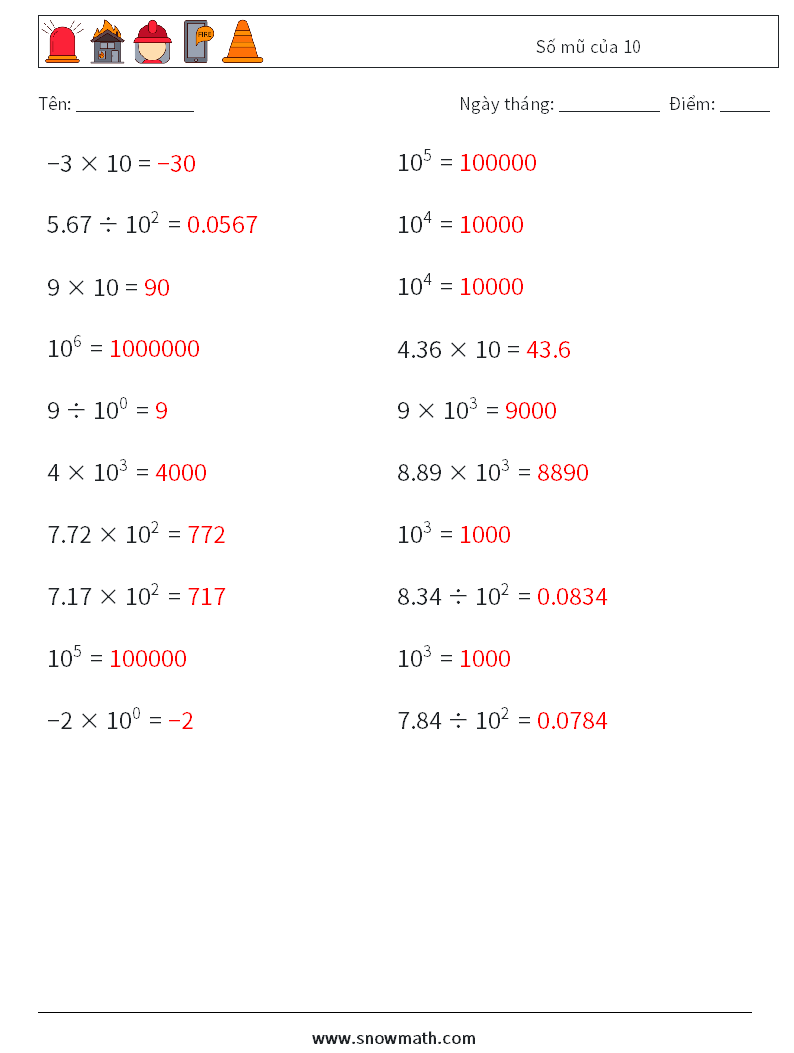 Số mũ của 10 Bảng tính toán học 2 Câu hỏi, câu trả lời