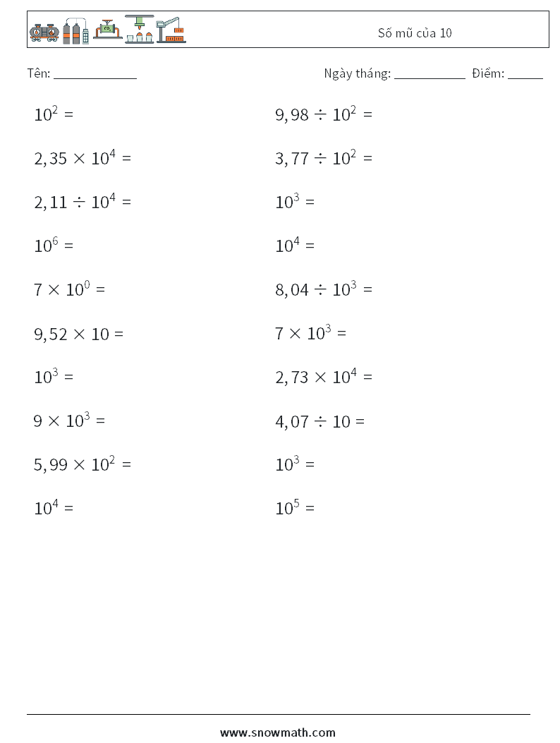 Số mũ của 10 Bảng tính toán học 5
