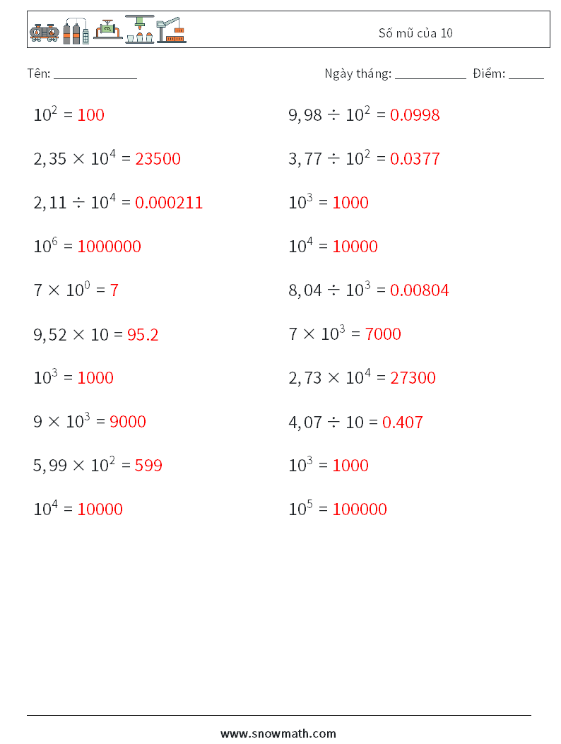 Số mũ của 10 Bảng tính toán học 5 Câu hỏi, câu trả lời