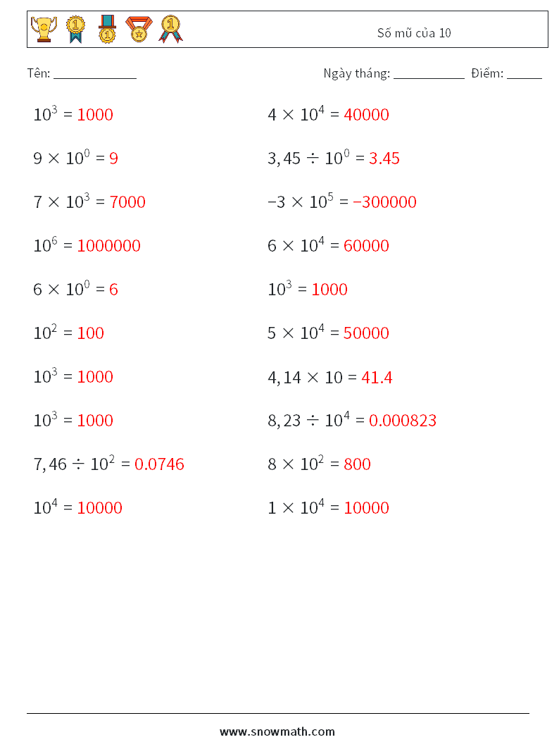 Số mũ của 10 Bảng tính toán học 7 Câu hỏi, câu trả lời