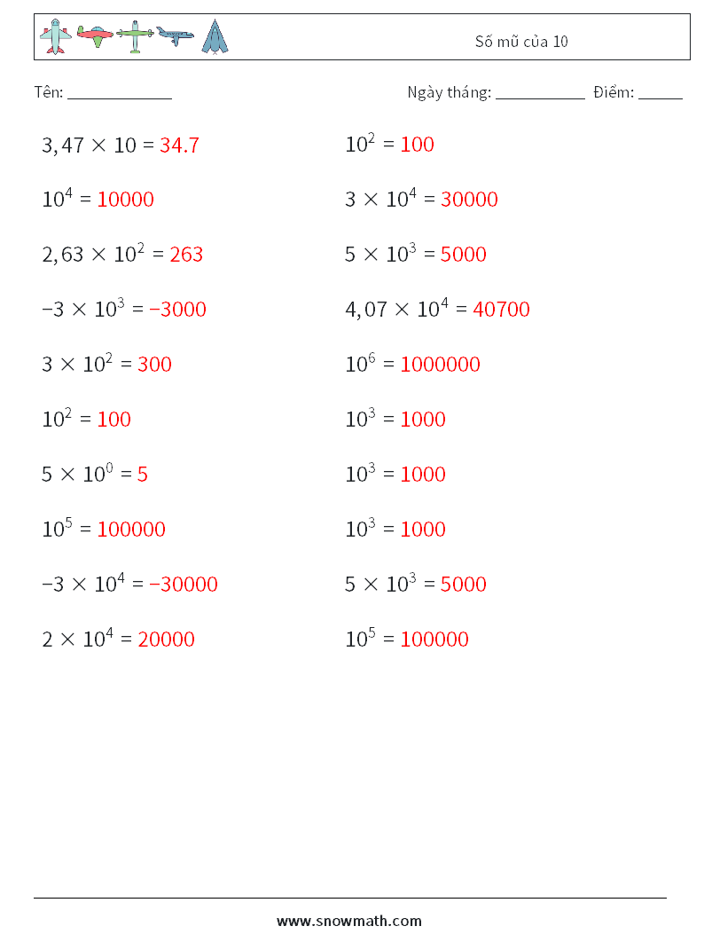 Số mũ của 10 Bảng tính toán học 8 Câu hỏi, câu trả lời