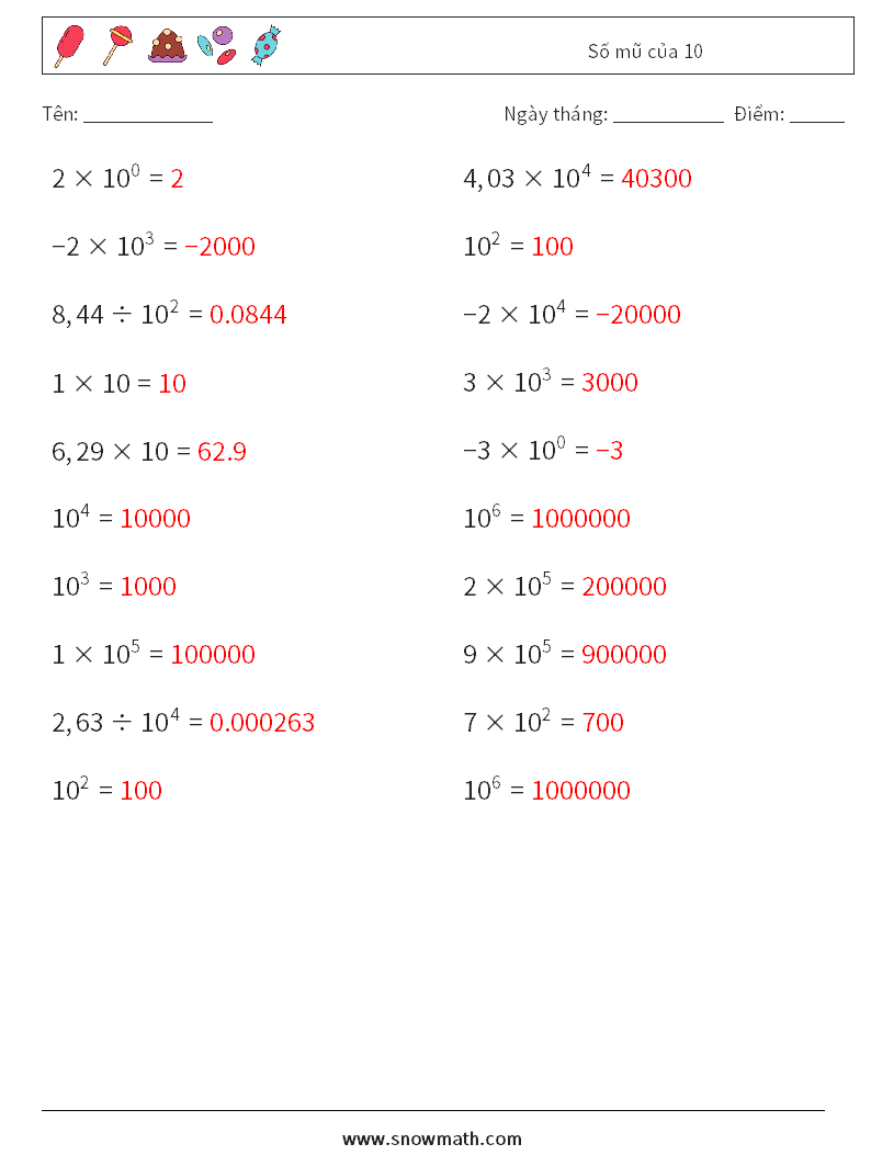 Số mũ của 10 Bảng tính toán học 9 Câu hỏi, câu trả lời