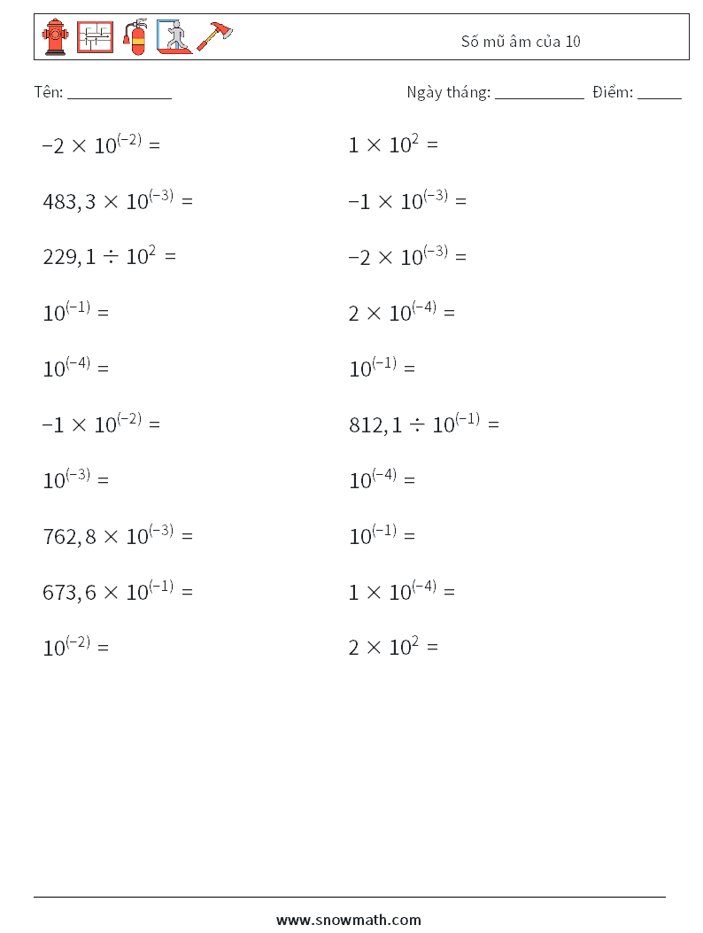 Số mũ âm của 10 Bảng tính toán học 5