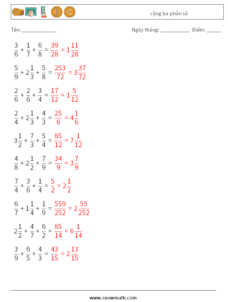 (10) cộng ba phân số Bảng tính toán học 10 Câu hỏi, câu trả lời