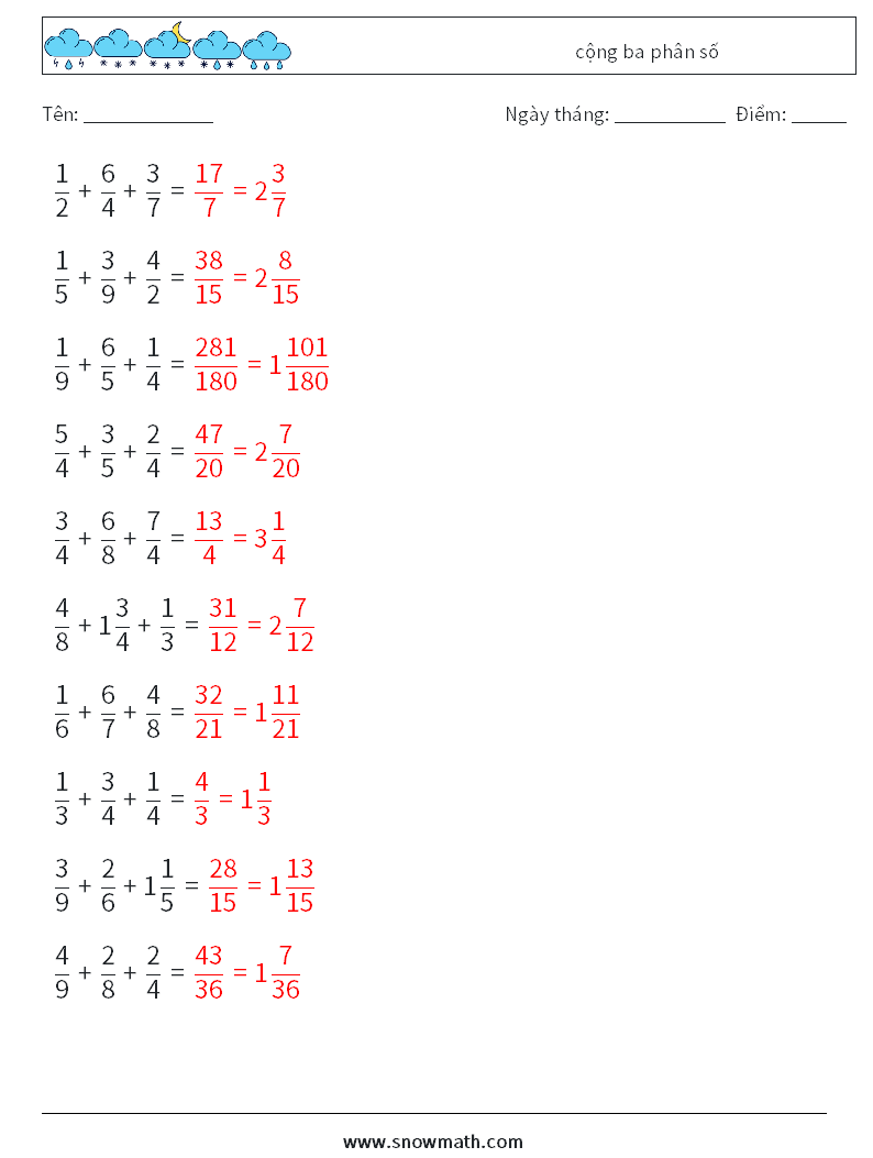 (10) cộng ba phân số Bảng tính toán học 16 Câu hỏi, câu trả lời