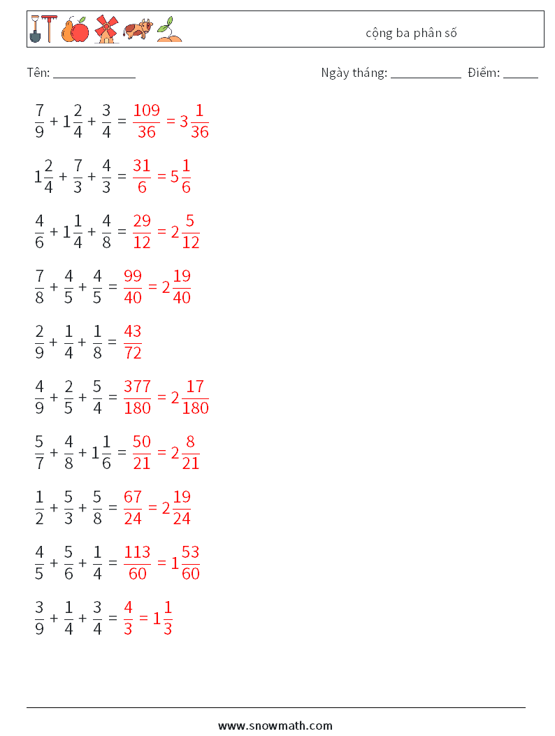 (10) cộng ba phân số Bảng tính toán học 17 Câu hỏi, câu trả lời