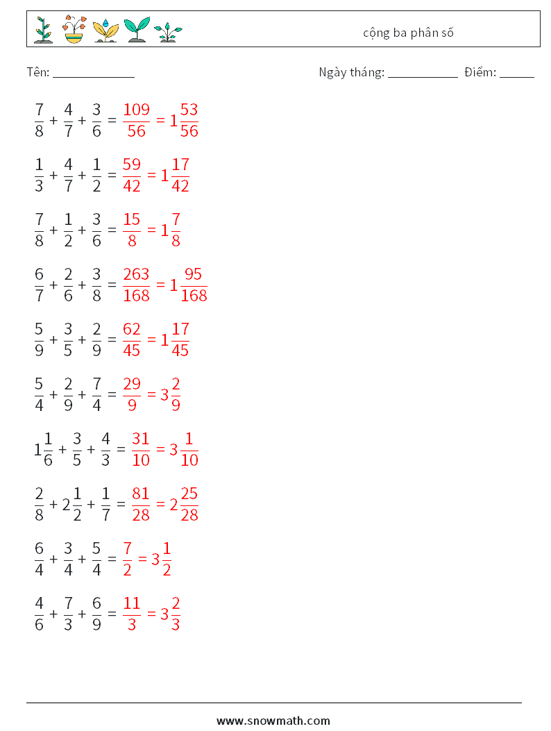 (10) cộng ba phân số Bảng tính toán học 1 Câu hỏi, câu trả lời