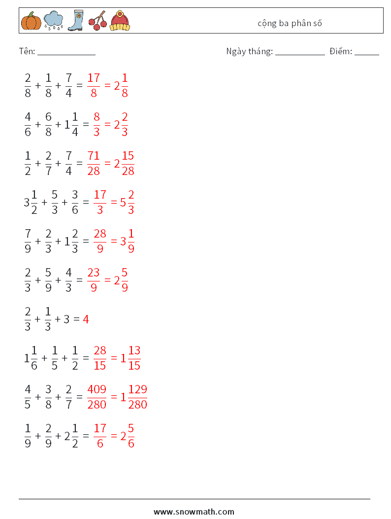(10) cộng ba phân số Bảng tính toán học 2 Câu hỏi, câu trả lời