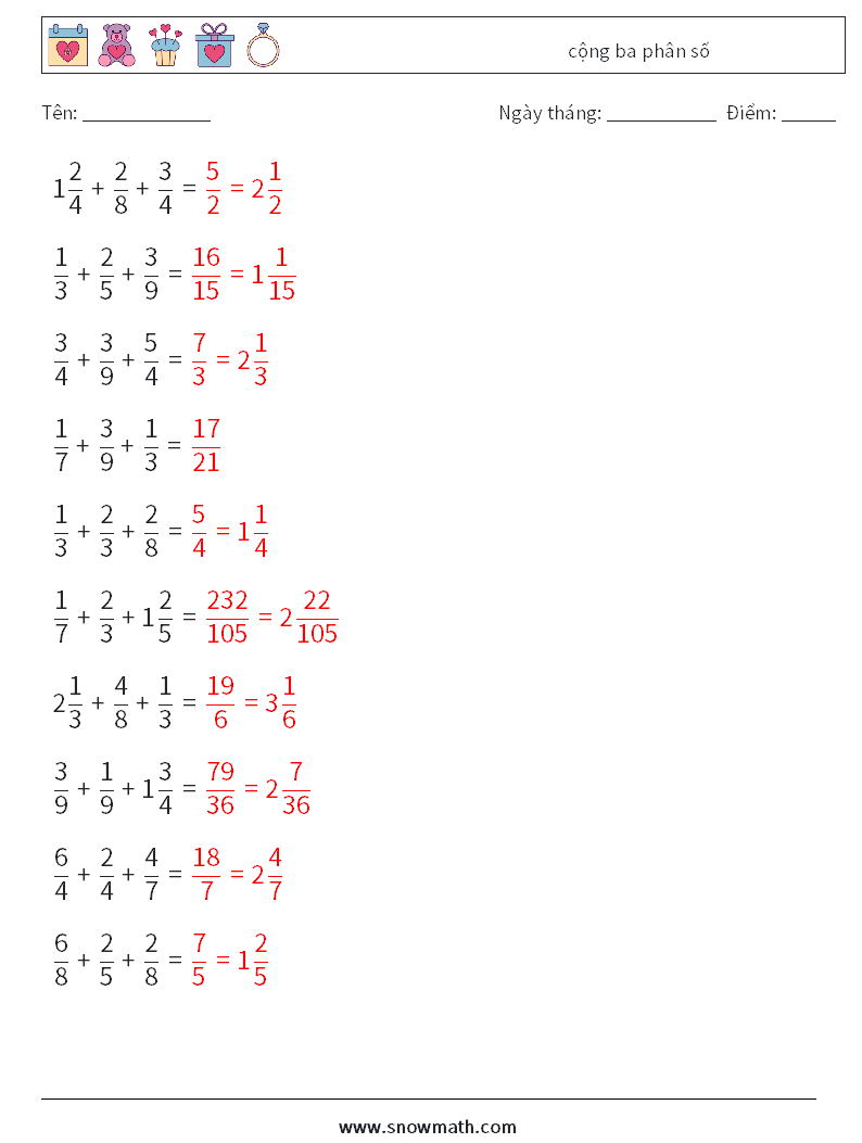 (10) cộng ba phân số Bảng tính toán học 3 Câu hỏi, câu trả lời