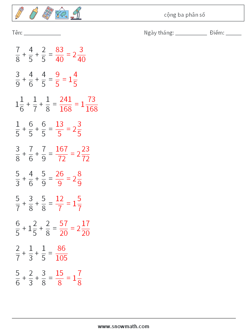 (10) cộng ba phân số Bảng tính toán học 4 Câu hỏi, câu trả lời