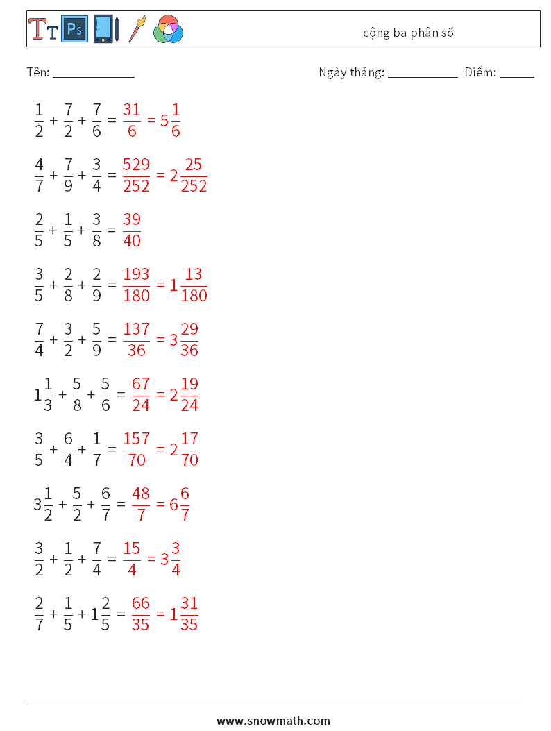(10) cộng ba phân số Bảng tính toán học 5 Câu hỏi, câu trả lời