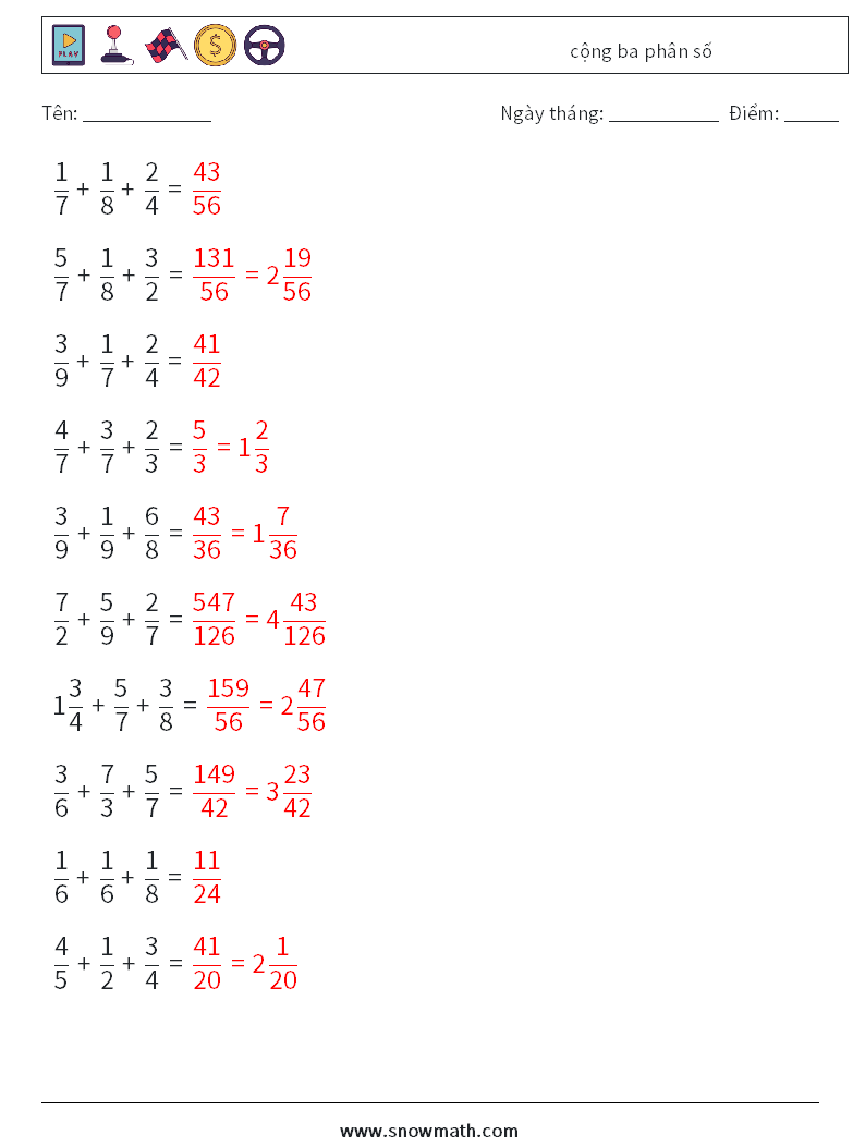 (10) cộng ba phân số Bảng tính toán học 6 Câu hỏi, câu trả lời