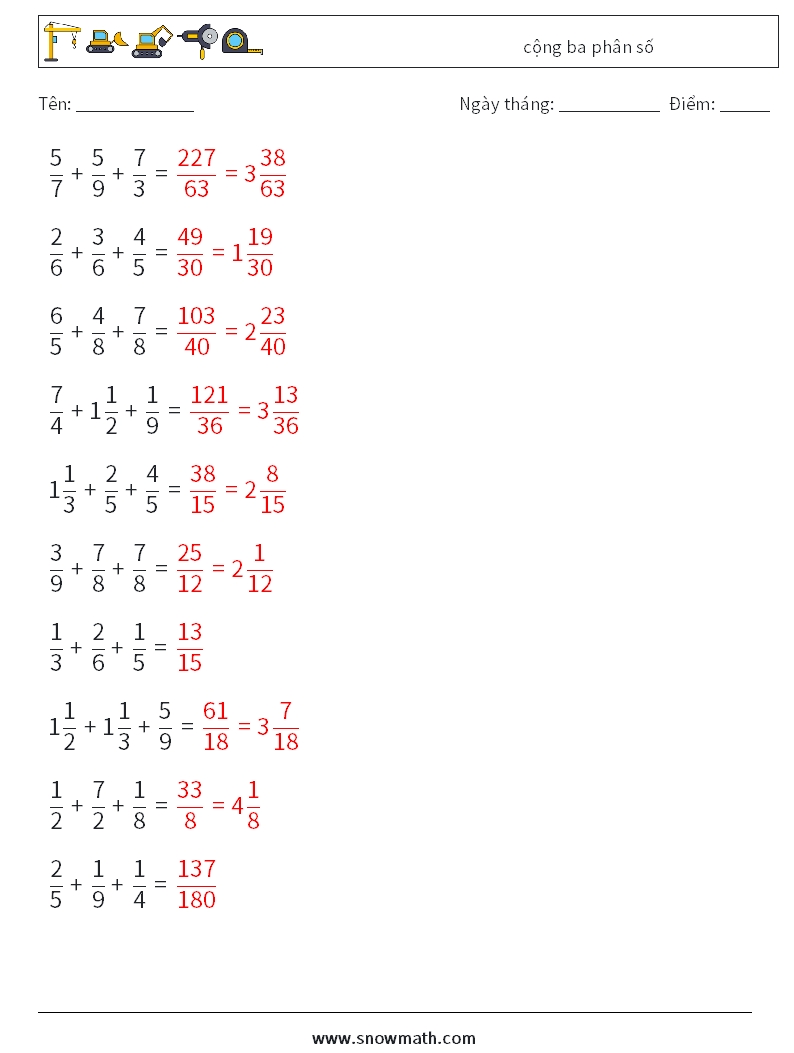 (10) cộng ba phân số Bảng tính toán học 7 Câu hỏi, câu trả lời