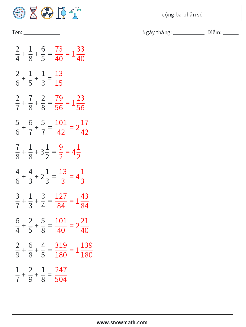 (10) cộng ba phân số Bảng tính toán học 8 Câu hỏi, câu trả lời