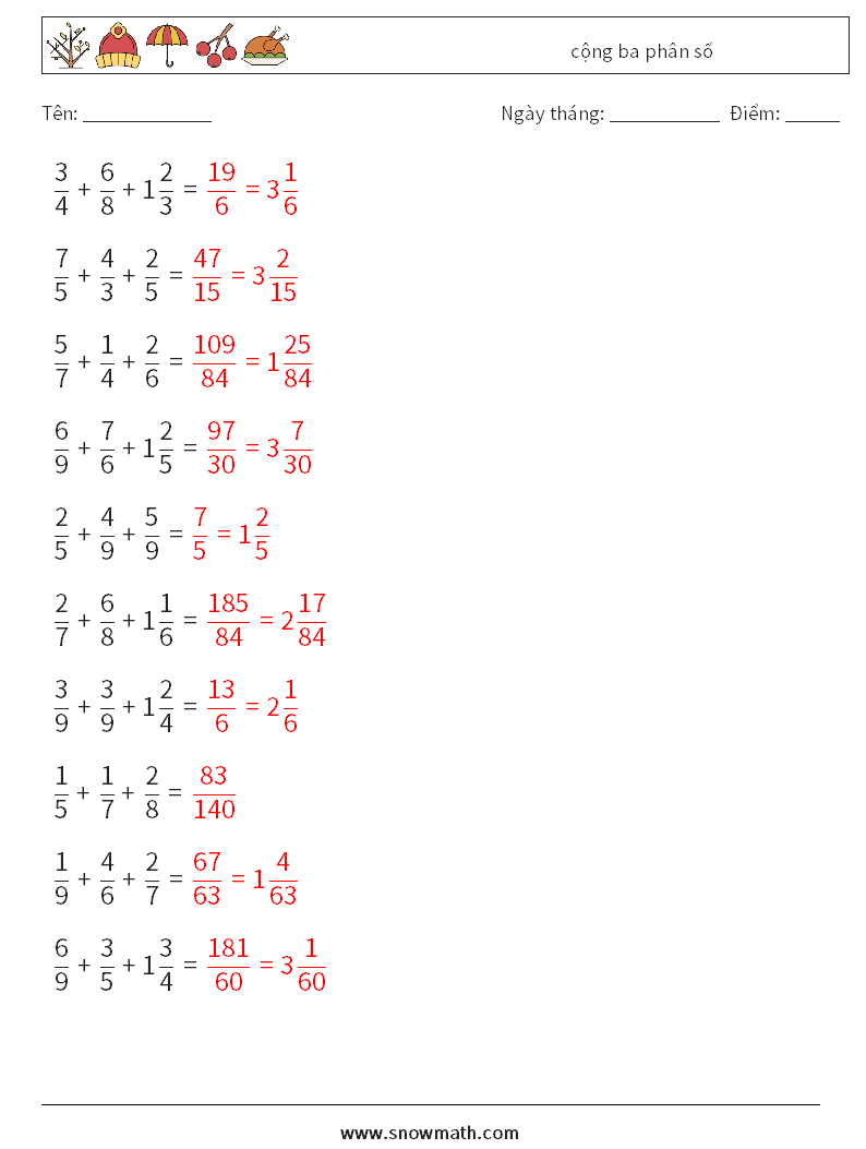 (10) cộng ba phân số Bảng tính toán học 9 Câu hỏi, câu trả lời