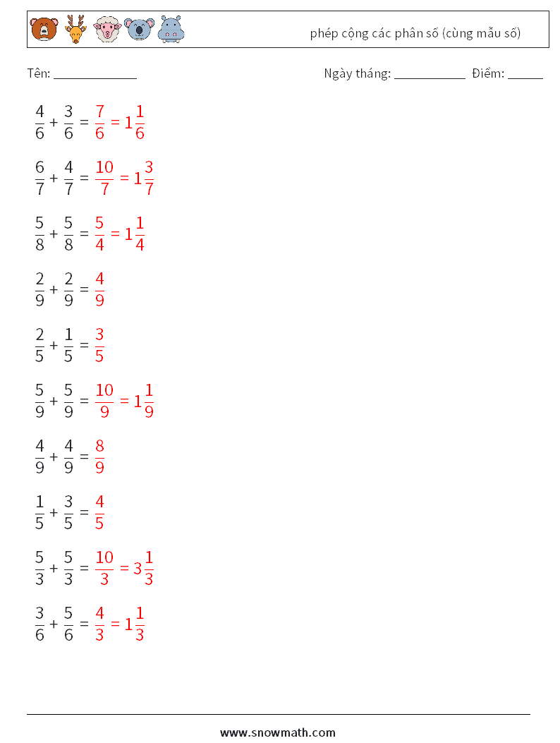 (10) phép cộng các phân số (cùng mẫu số) Bảng tính toán học 10 Câu hỏi, câu trả lời