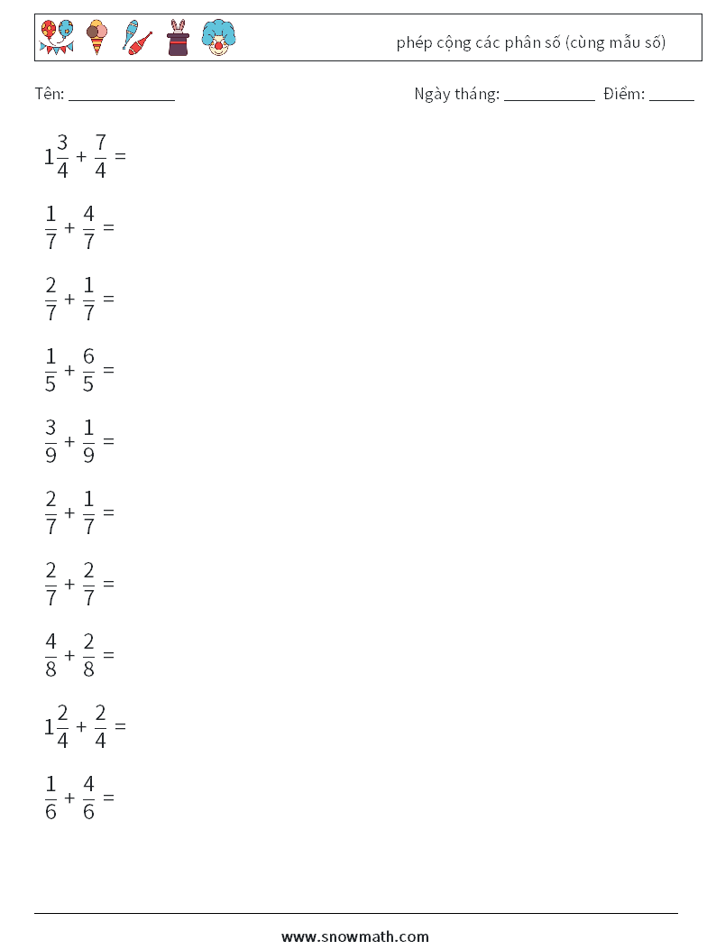(10) phép cộng các phân số (cùng mẫu số) Bảng tính toán học 11