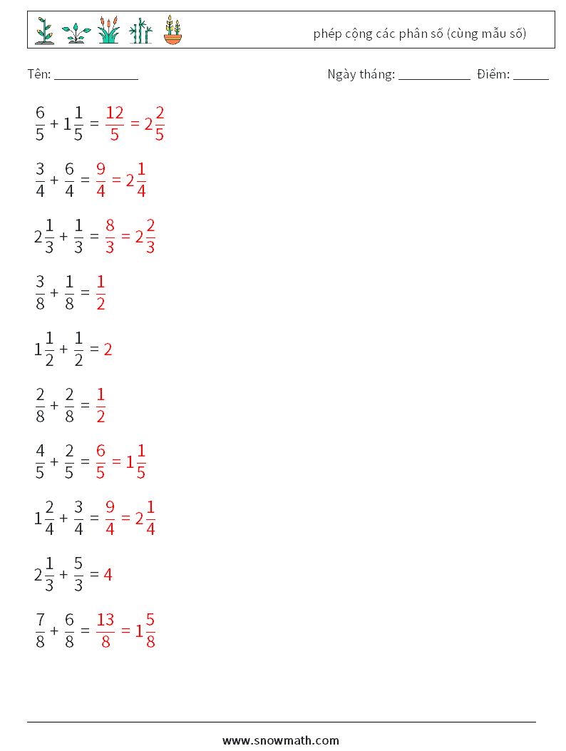 (10) phép cộng các phân số (cùng mẫu số) Bảng tính toán học 12 Câu hỏi, câu trả lời