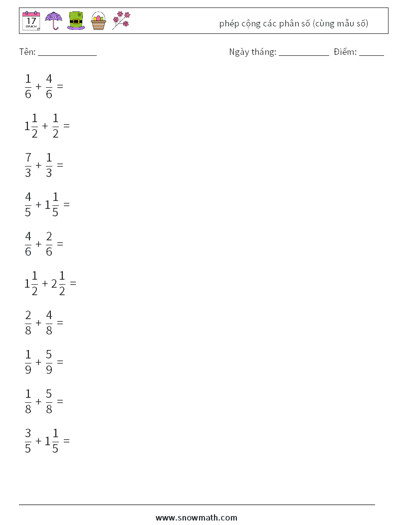 (10) phép cộng các phân số (cùng mẫu số) Bảng tính toán học 13
