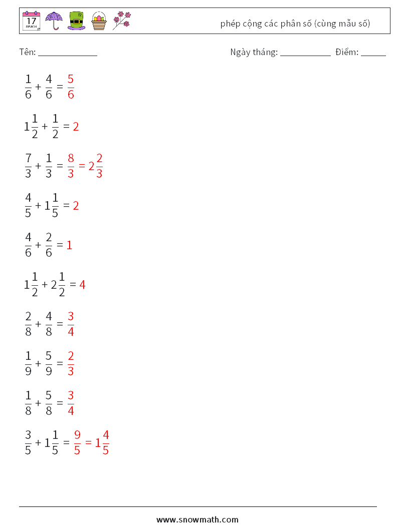 (10) phép cộng các phân số (cùng mẫu số) Bảng tính toán học 13 Câu hỏi, câu trả lời