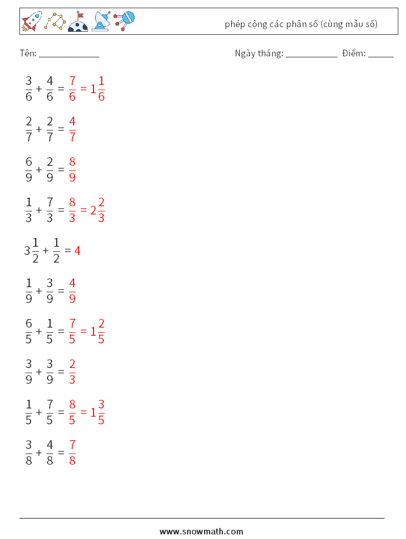 (10) phép cộng các phân số (cùng mẫu số) Bảng tính toán học 15 Câu hỏi, câu trả lời
