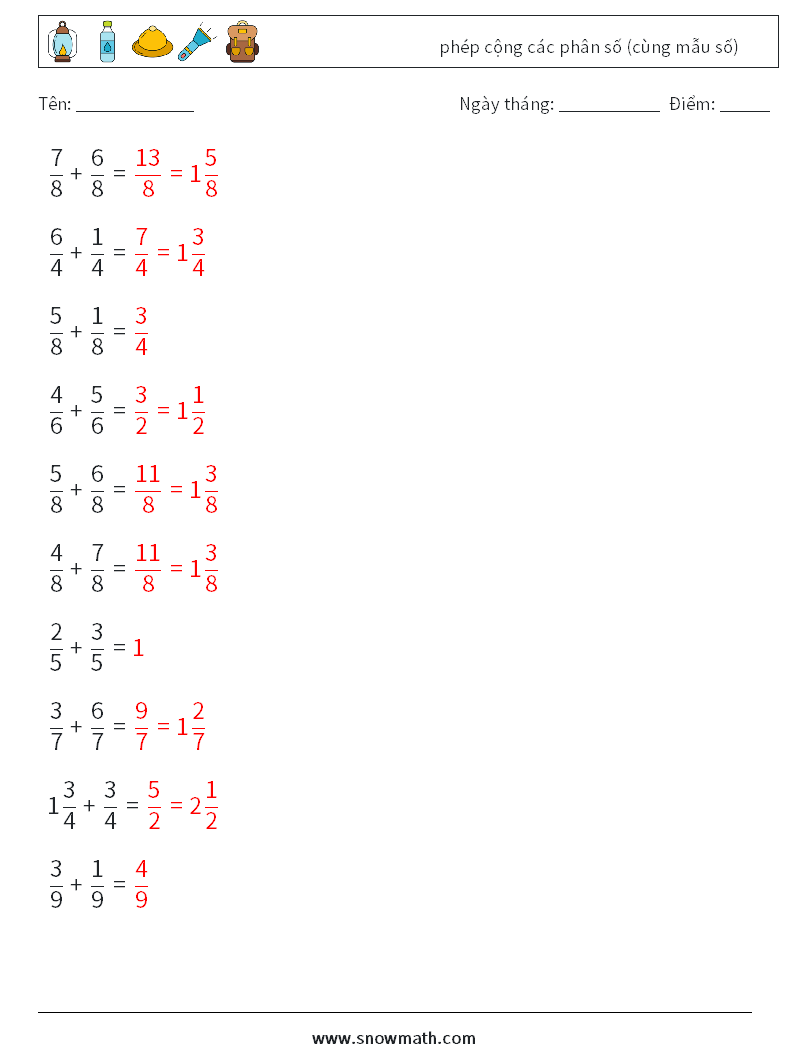 (10) phép cộng các phân số (cùng mẫu số) Bảng tính toán học 17 Câu hỏi, câu trả lời