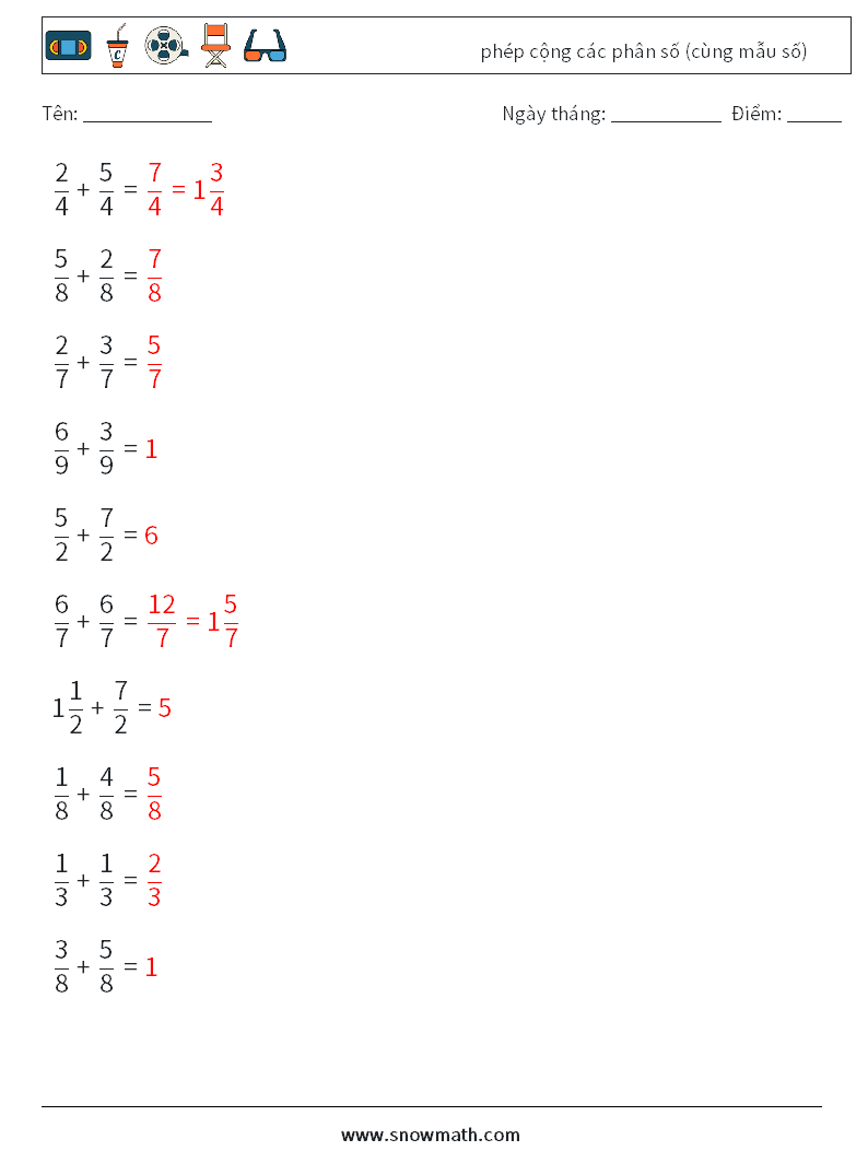 (10) phép cộng các phân số (cùng mẫu số) Bảng tính toán học 18 Câu hỏi, câu trả lời